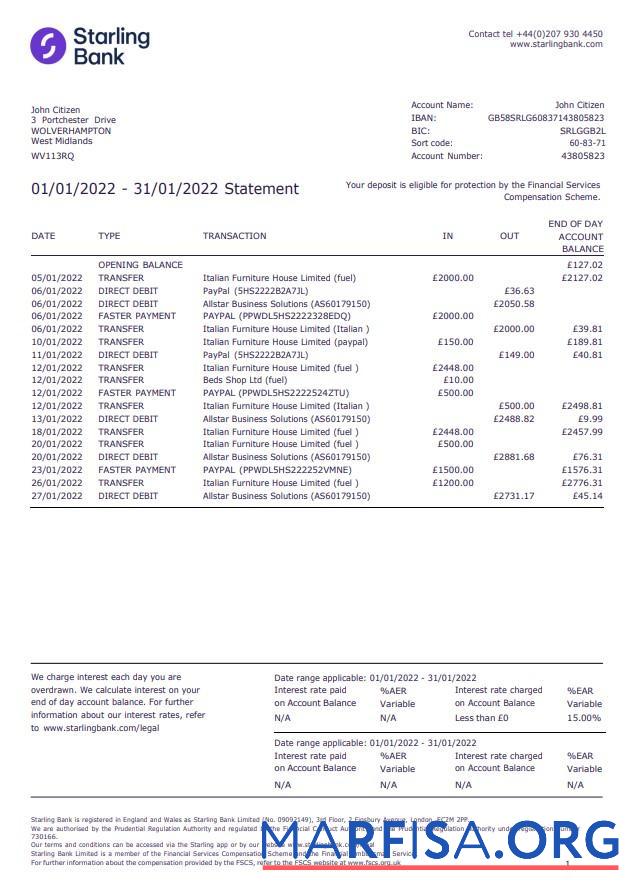Realistic United Kingdom Starling bank statement word version 2 example